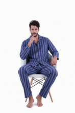 Load image into Gallery viewer, Men’s Long Sleeve Pajama with Buttons – Navy Green Stripe