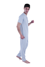 تحميل الصورة إلى عارض المعرض، Men Short Sleeve Pajama with Placket - Grey Stripes