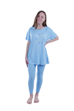 تحميل الصورة إلى عارض المعرض، Women Short Sleeve Pajama with Legging - Cabana Blue