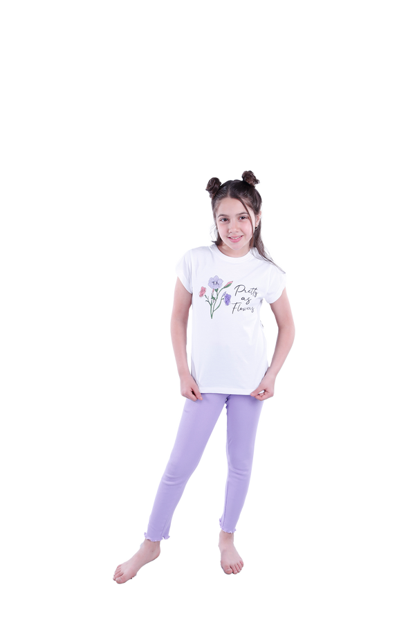 Girls Short Sleeve Pajama with Rib Legging - Bright White*Violet Tulip