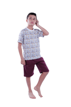 Load image into Gallery viewer, Boys Short Sleeve Pajama with Shorts -Wine Dino Plaids
