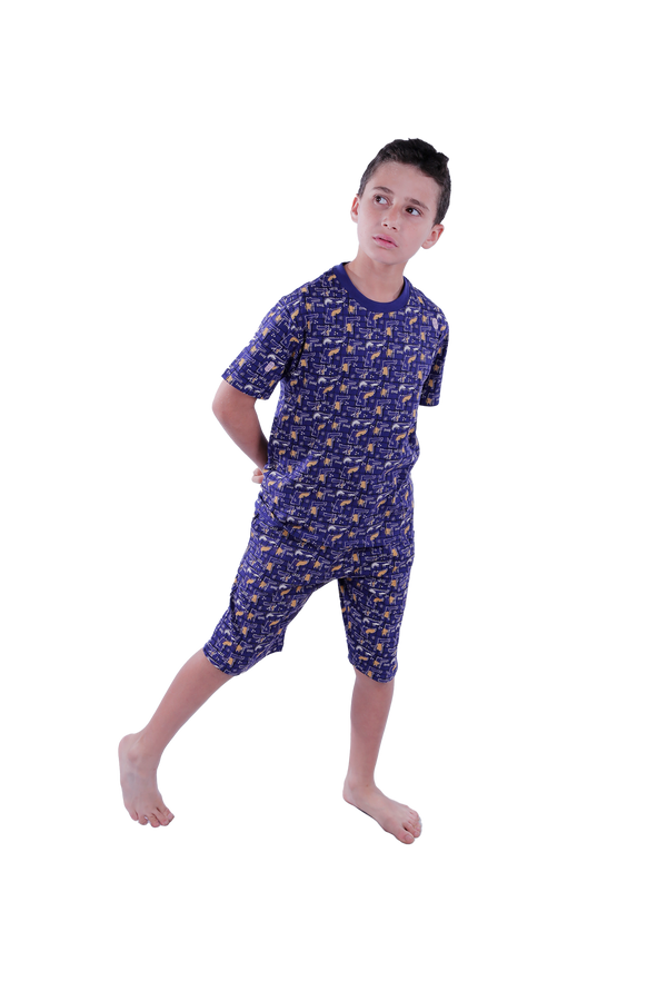 Boys Short Sleeve Pajama with Shorts - Blue Depths Dino Plaids,