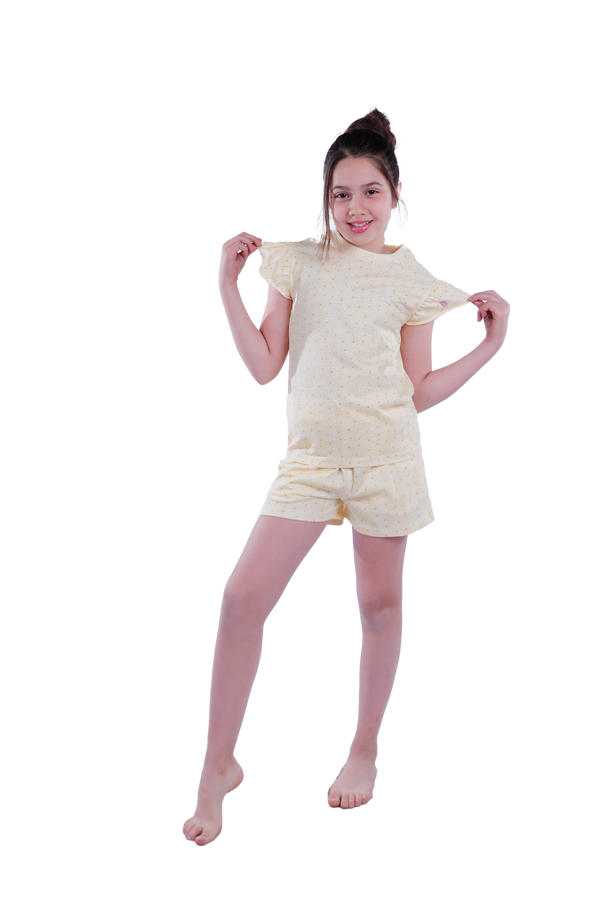 Girls Short Sleeve Pajama with Shorts -  Transparent Yellow Sun Flower