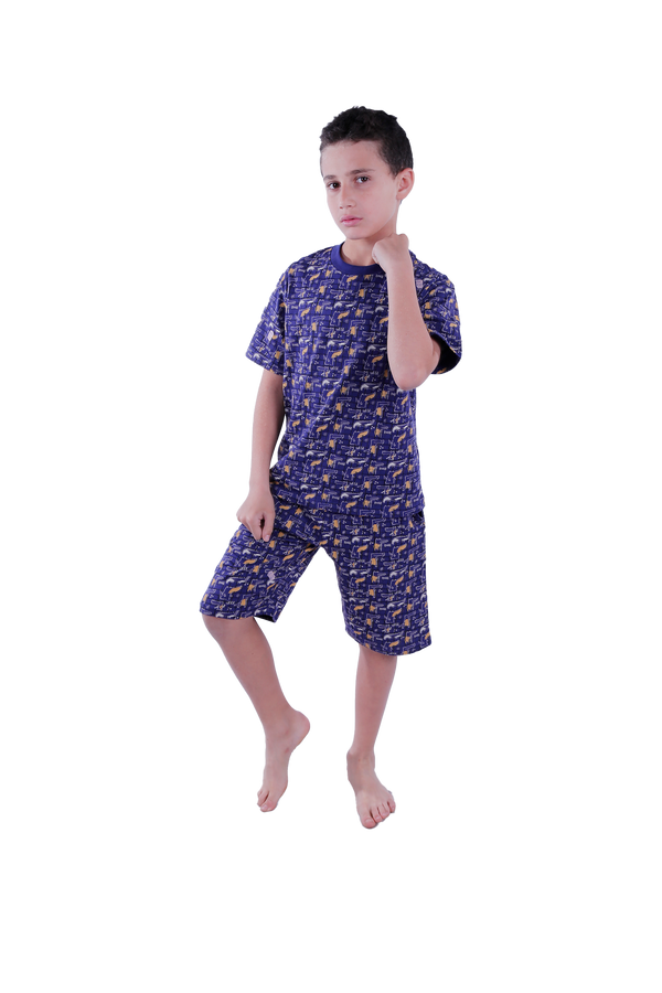 Boys Short Sleeve Pajama with Shorts - Blue Depths Dino Plaids,