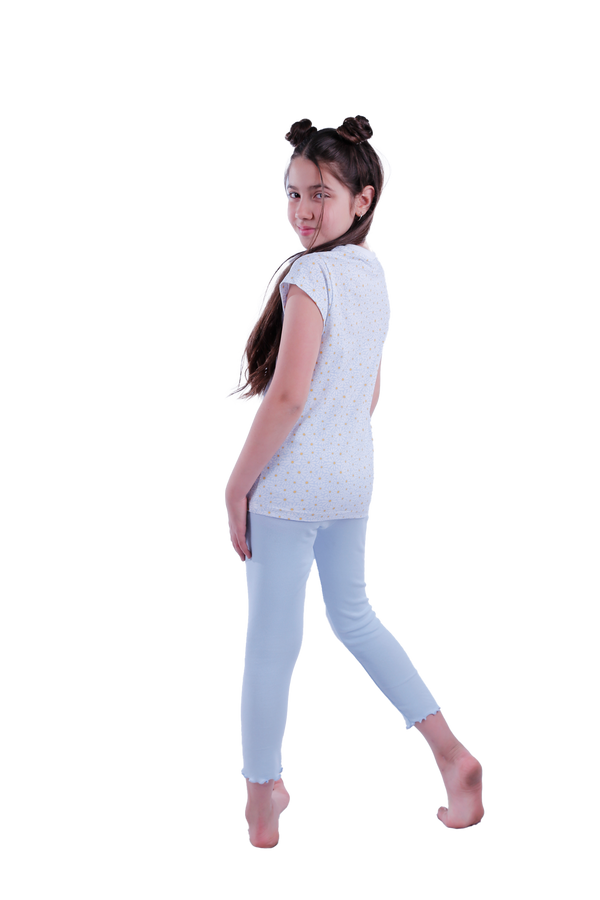 Girls Short Sleeve Pajama with Rib Legging - Blue Sun Flower