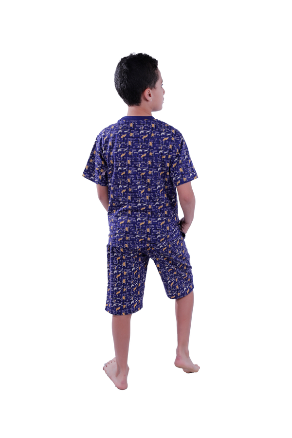 Boys Short Sleeve Pajama with Shorts - Blue Depths Dino Plaids,