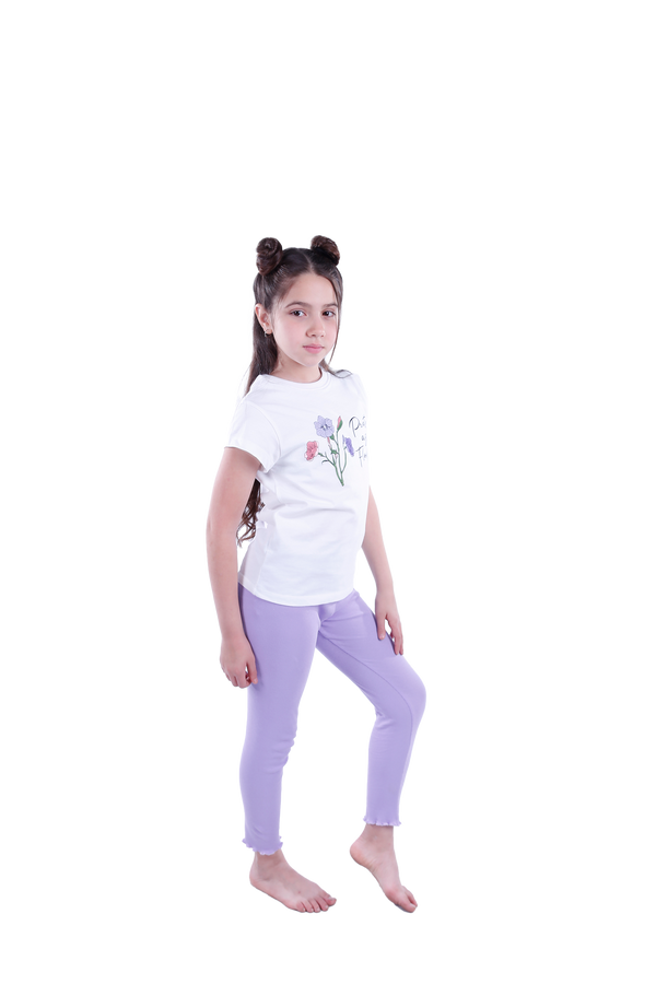 Girls Short Sleeve Pajama with Rib Legging - Bright White*Violet Tulip