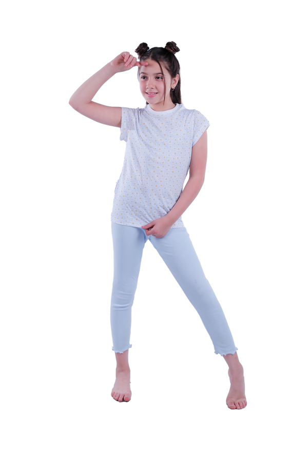 Girls Short Sleeve Pajama with Rib Legging - Blue Sun Flower