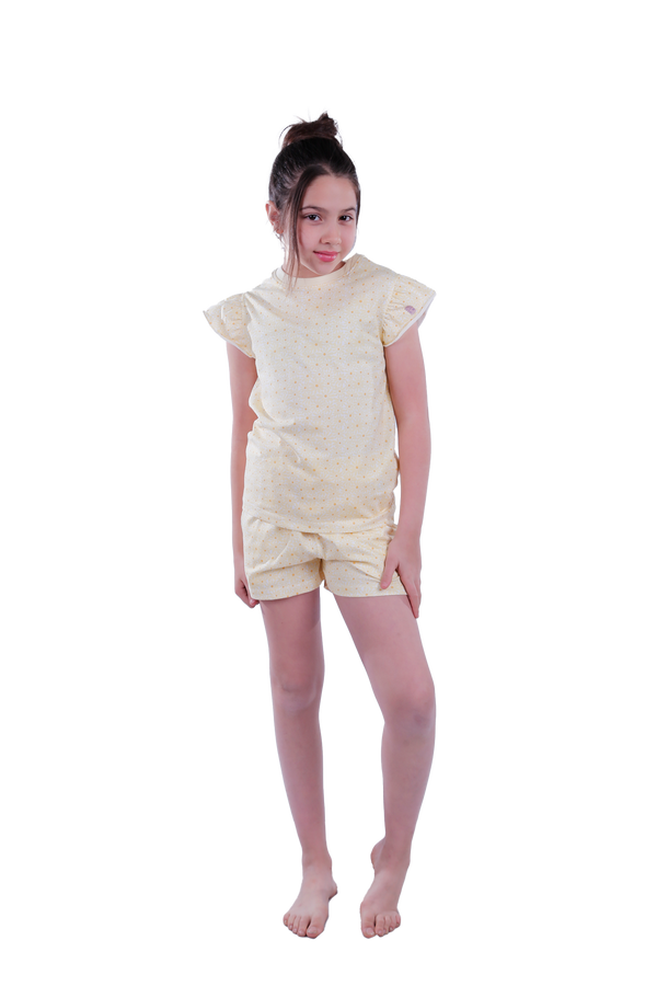 Girls Short Sleeve Pajama with Shorts -  Transparent Yellow Sun Flower