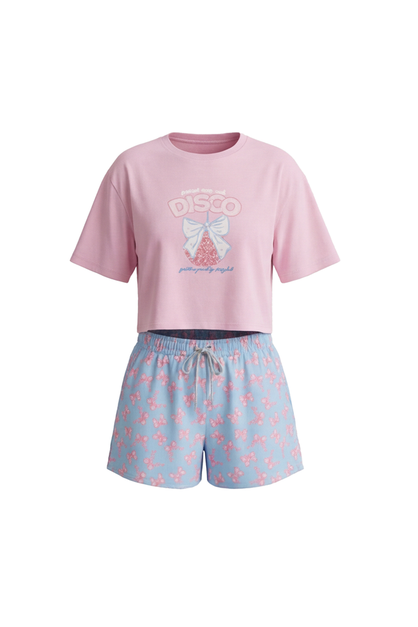 Women SS Oversize Cropped T-Shirt with Wide-Leg Shorts Pajama Set – Ballerina