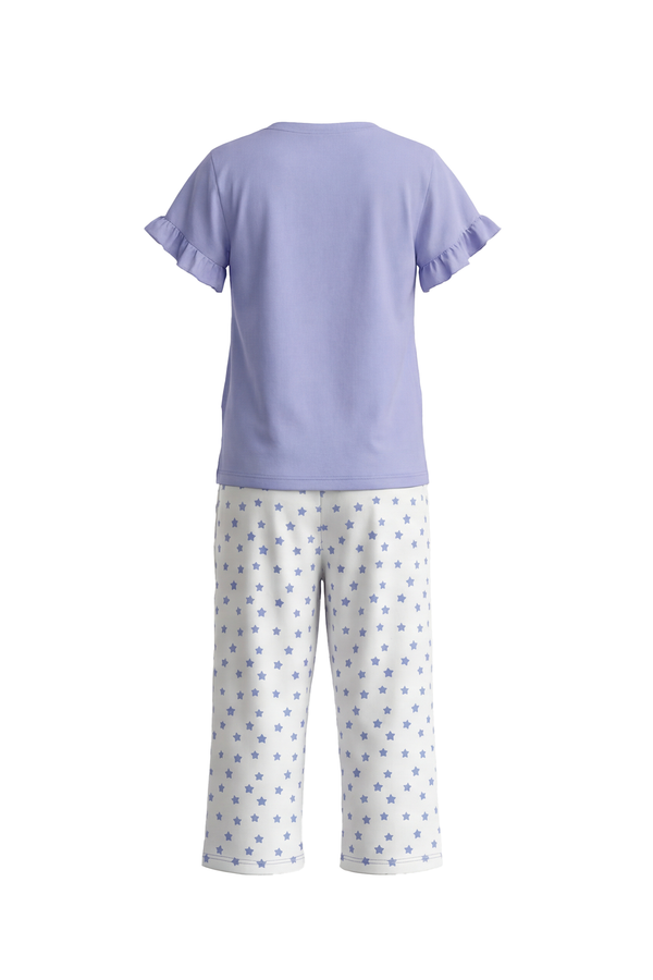 بيجامة بناتي تيشيرت نص كم بكشكشة مع بنطلون برمودا Baby Lavender – نعومة هادئة بلمسة أنثوية