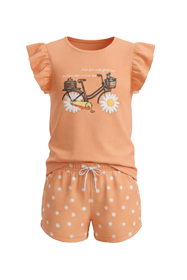 بيجامة بناتي تيشيرت كاب سليف بكشكشة مع شورت Peach Cobbler – نعومة دافئة بلمسة أنثوية