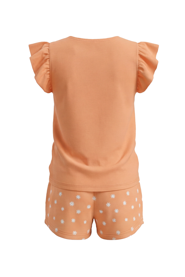 بيجامة بناتي تيشيرت كاب سليف بكشكشة مع شورت Peach Cobbler – نعومة دافئة بلمسة أنثوية