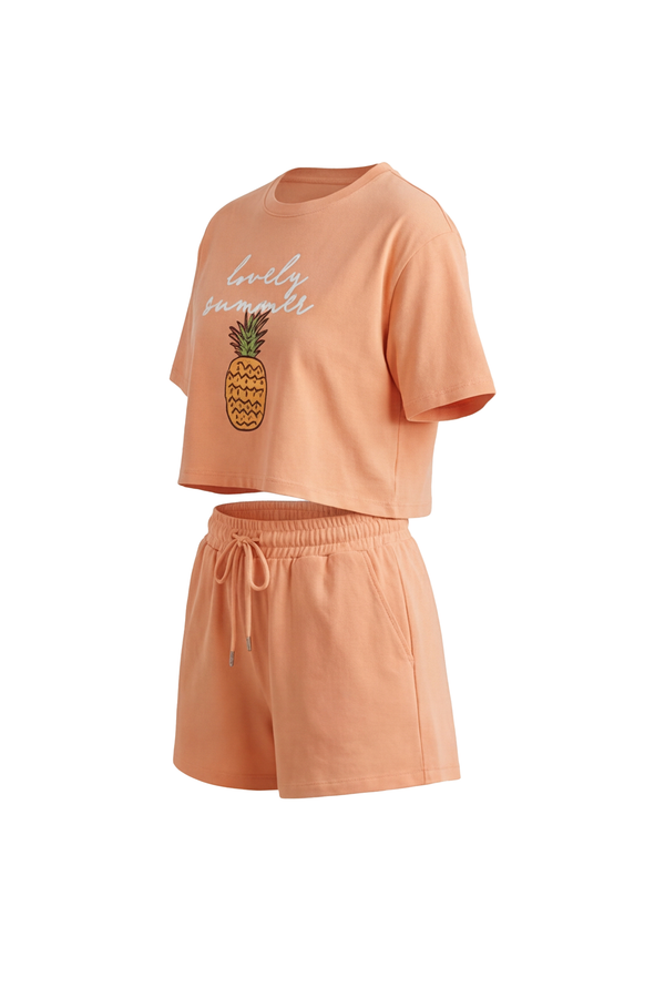 Women SS Oversize Cropped T-Shirt with Wide-Leg Shorts Pajama Set – Peach Cobbler