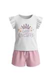 بيجامة بناتي تيشيرت كاب سليف بكشكشة مع شورت Bright White – بساطة ناعمة بإحساس أنثوي