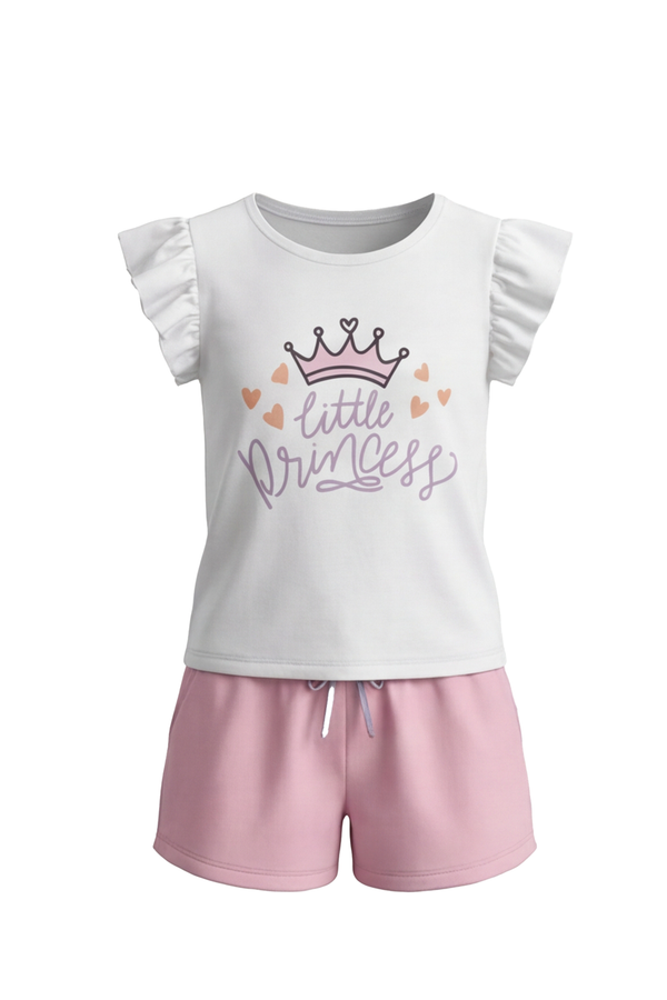 بيجامة بناتي تيشيرت كاب سليف بكشكشة مع شورت Bright White – بساطة ناعمة بإحساس أنثوي