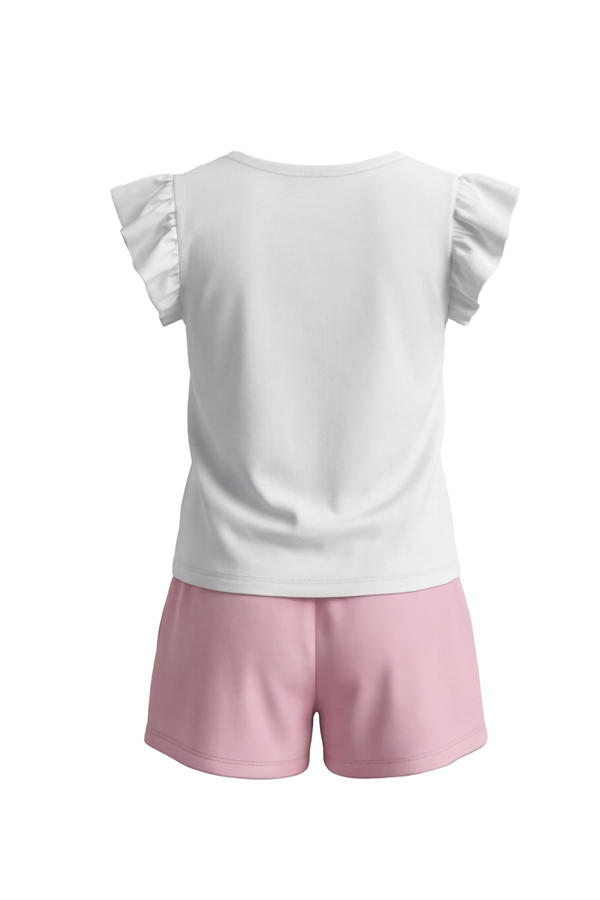 بيجامة بناتي تيشيرت كاب سليف بكشكشة مع شورت Bright White – بساطة ناعمة بإحساس أنثوي