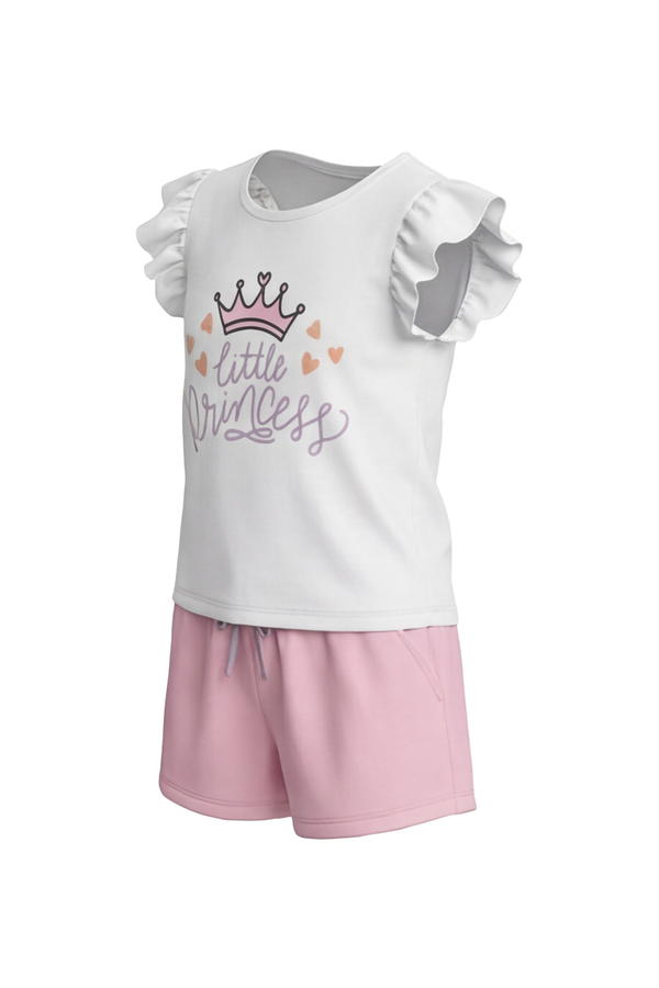 بيجامة بناتي تيشيرت كاب سليف بكشكشة مع شورت Bright White – بساطة ناعمة بإحساس أنثوي
