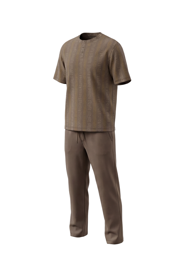 Men Cotton Pajama Set with Pants – Brown Chevron