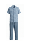Men Lapel Cotton Pajama Set with Pants – Blue Flowy Leafs
