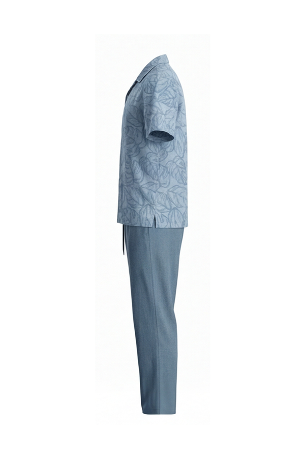 Men Lapel Cotton Pajama Set with Pants – Blue Flowy Leafs