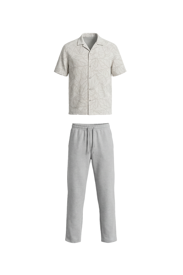 Men Lapel Cotton Pajama Set with Pants – Beige Flowy Leafs