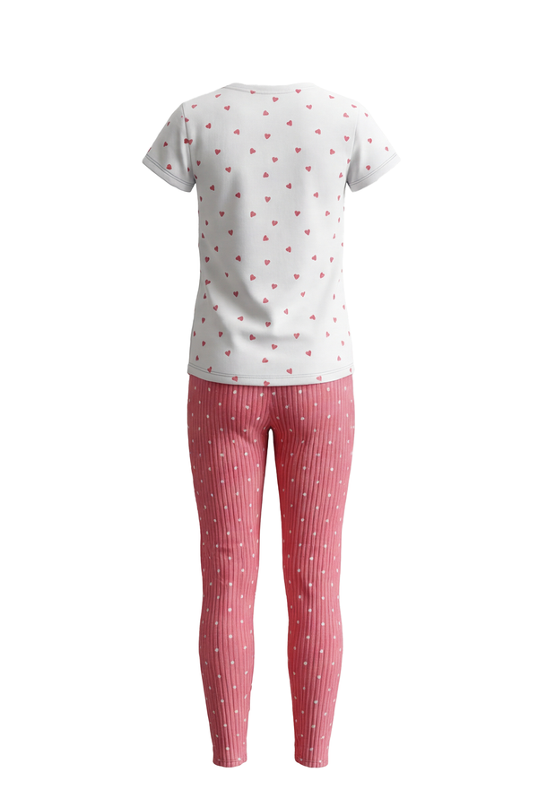 بيجامة بناتي تيشيرت نص كم مع ليجن مضلع White Small Heart – نعومة لطيفة بلمسة مرحة