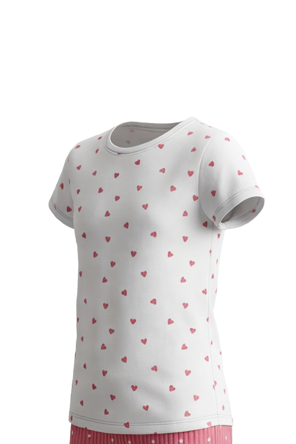 بيجامة بناتي تيشيرت نص كم مع ليجن مضلع White Small Heart – نعومة لطيفة بلمسة مرحة