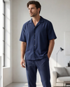 Men Lapel Cotton Pajama Set with Pants – Blue Depths