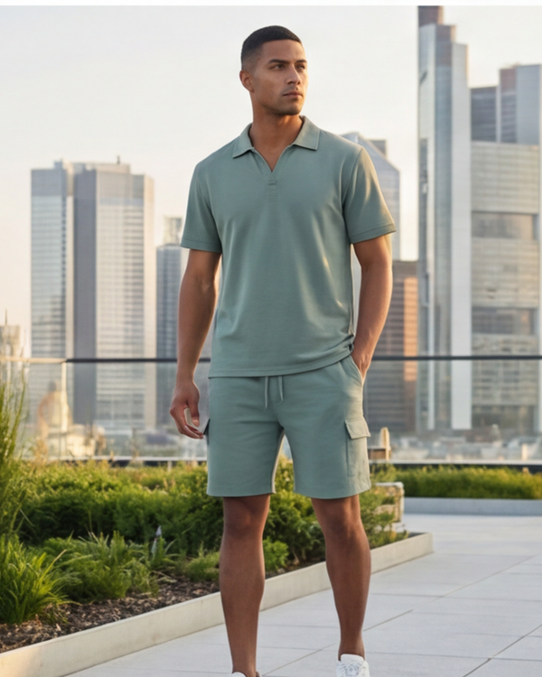 Men V-Neck Polo Pajama Set – Blue Surf
