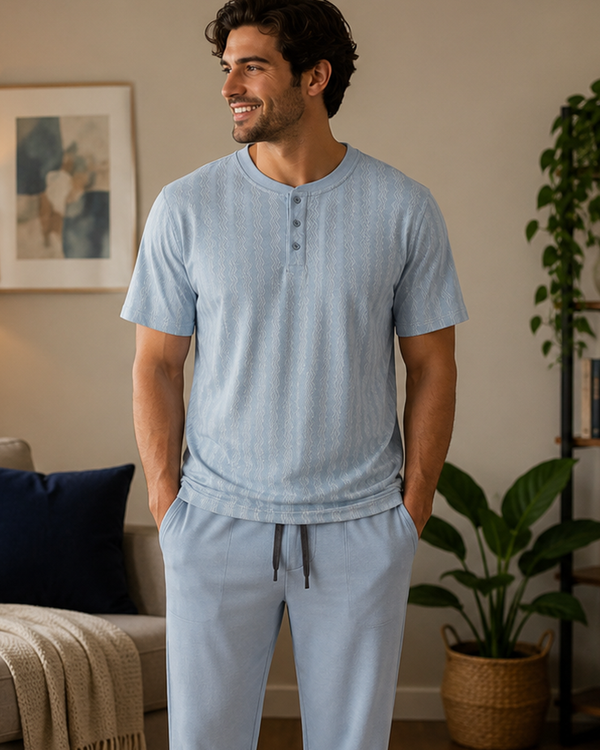Men Cotton Pajama Set with Pants – Blue Chevron