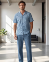 Men Lapel Cotton Pajama Set with Pants – Blue Flowy Leafs