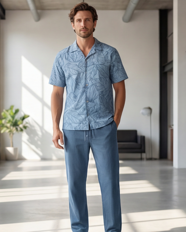 Men Lapel Cotton Pajama Set with Pants – Blue Flowy Leafs