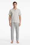 Men Lapel Cotton Pajama Set with Pants – Beige Flowy Leafs