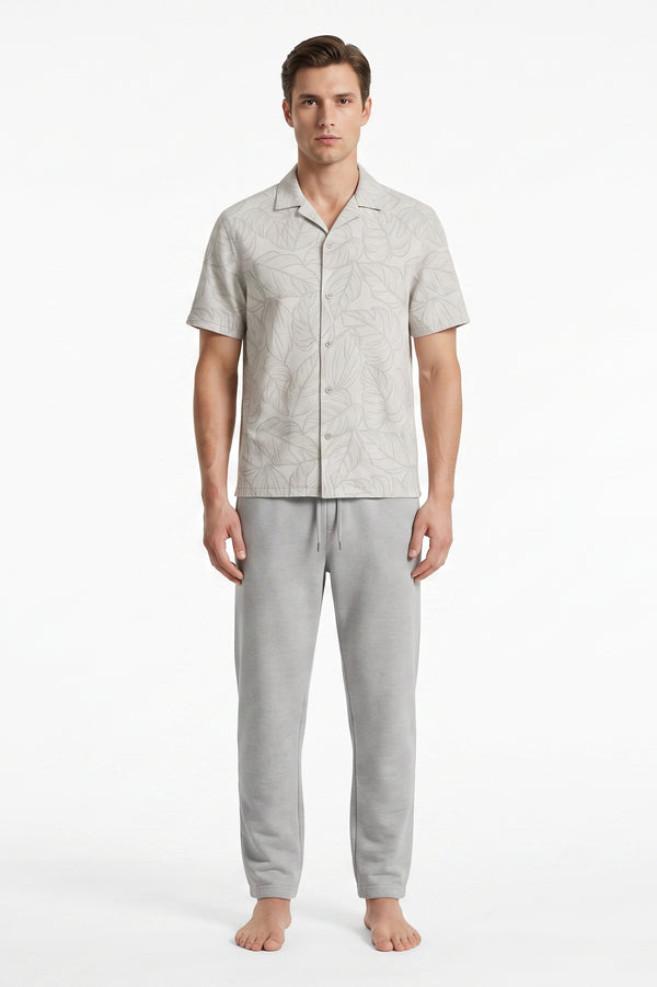 Men Lapel Cotton Pajama Set with Pants – Beige Flowy Leafs