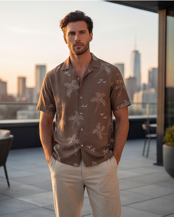 Men Lapel Cotton Pajama Set with Pants – Brown Palm Tree