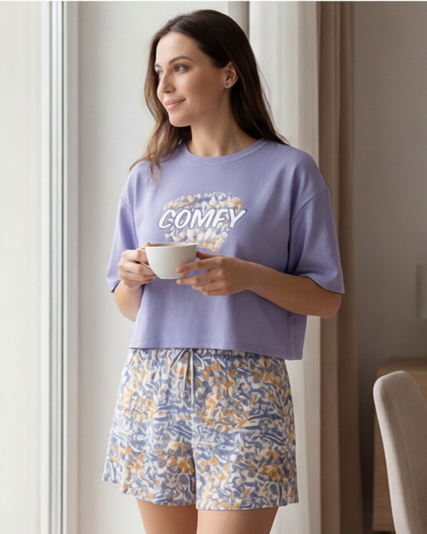 Women SS Oversize Cropped T-Shirt with Wide-Leg Shorts Pajama Set – Baby Lavender