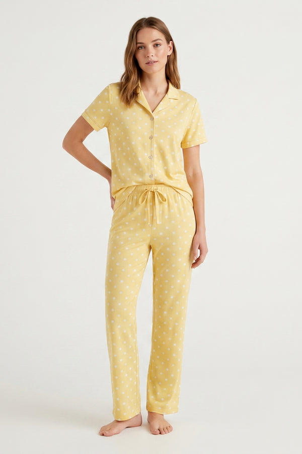 Women Lapel Cotton Pajama Set with Pants – Yellow Flowers