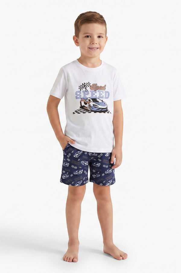 Boys SS Round Neck T-Shirt with Short Pajama Set – Bright White