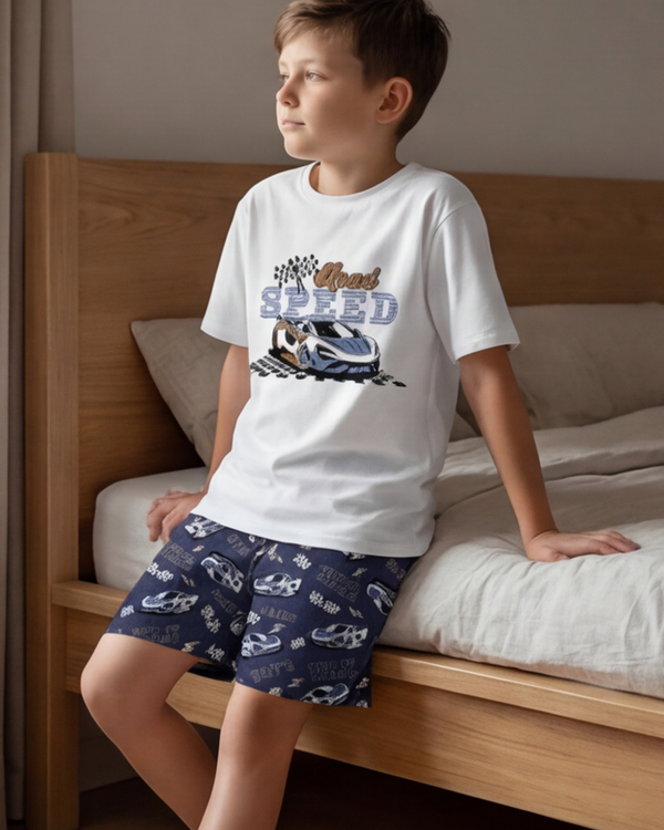 Boys SS Round Neck T-Shirt with Short Pajama Set – Bright White