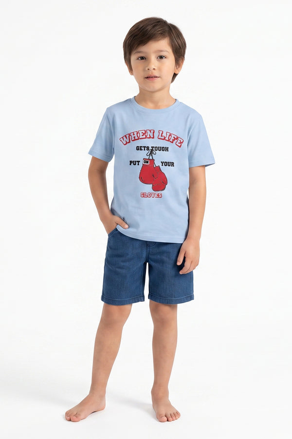 Boys SS Round Neck Cotton T-Shirt – Maritime Blue - Orange