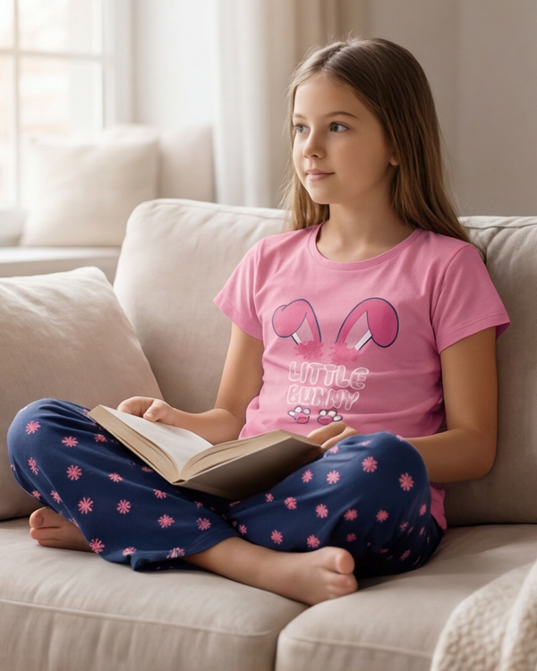 Girls SS T-Shirt With Rib Legging Pajama Set – Sachet Pink
