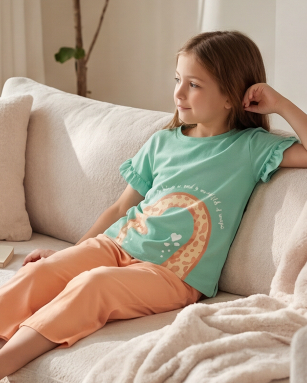 Girls SS T-Shirt With Ruffles & Bermuda Pants Pajama Set – Cabbage