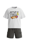 بيجامة أولادي تيشيرت نص كم أوفر سايز مع شورت Bright White – راحة نضيفة بستايل عصري