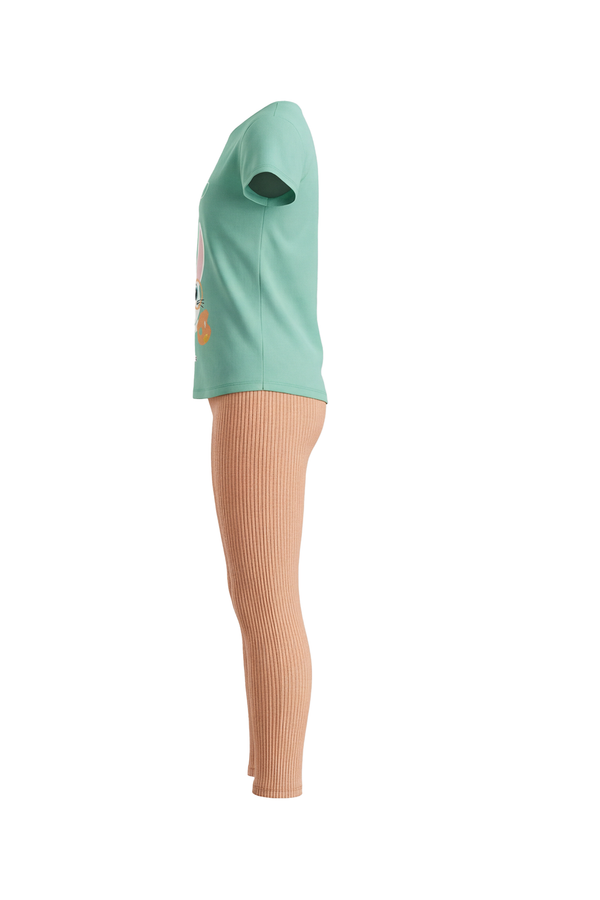 بيجامة بناتي تيشيرت نص كم مع ليجن مضلع Cabbage – راحة يومية بلمسة منعشة