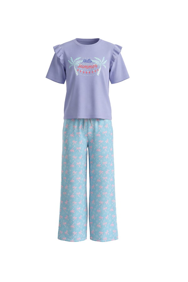 بيجامة بناتي تيشيرت نص كم مع بنطلون واسع Baby Lavender – راحة هادئة بلمسة ناعمة