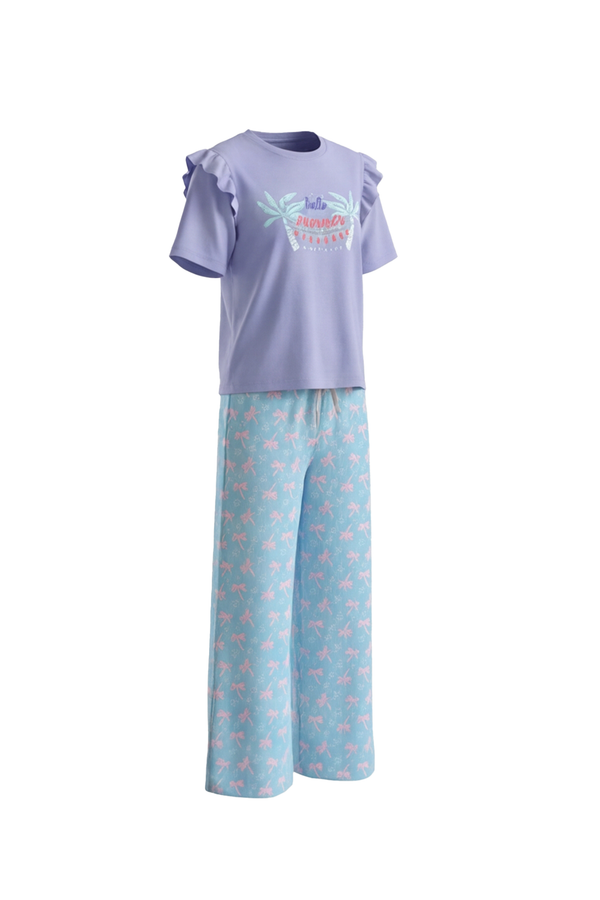 بيجامة بناتي تيشيرت نص كم مع بنطلون واسع Baby Lavender – راحة هادئة بلمسة ناعمة