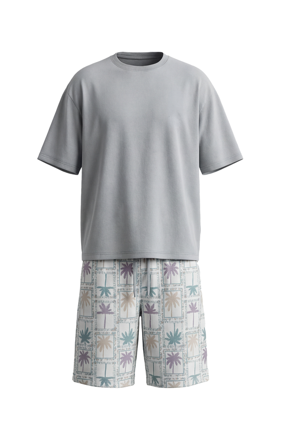 بيجامة رجالي قطن Oversized برقبة دائرية Glacier Gray مع شورت واسع – راحة عصرية