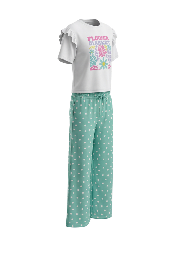 بيجامة بناتي تيشيرت نص كم مع بنطلون واسع Bright White – نقاء عصري وراحة مرنة