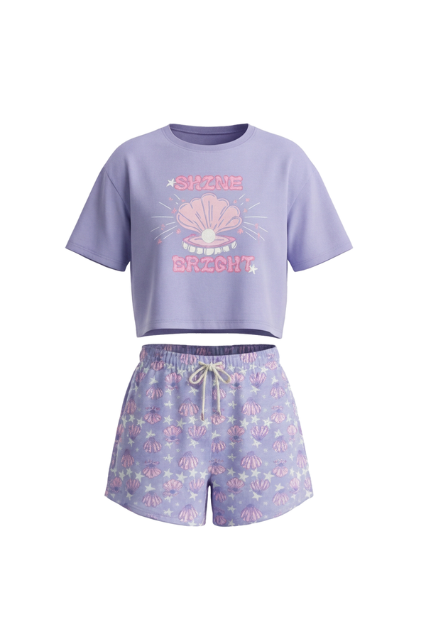 Girls SS Oversize Cropped T-Shirt With Wide-Leg Short Pajama Set – Baby Lavender